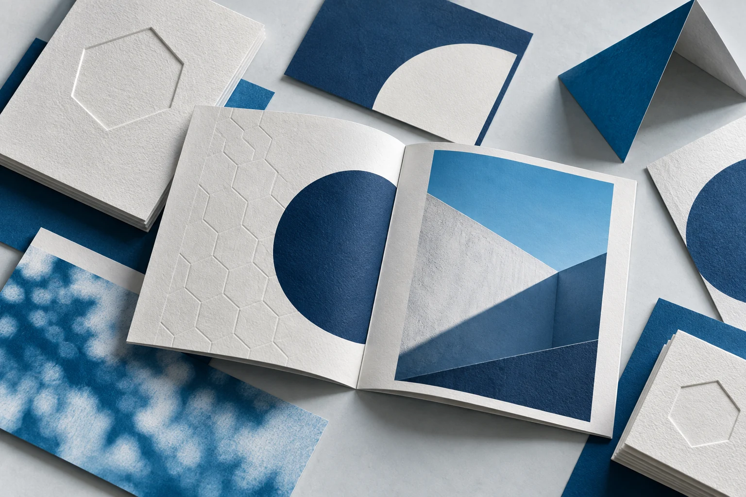Composizione editoriale con carte, geometrie e dettagli esagonali · visual generato