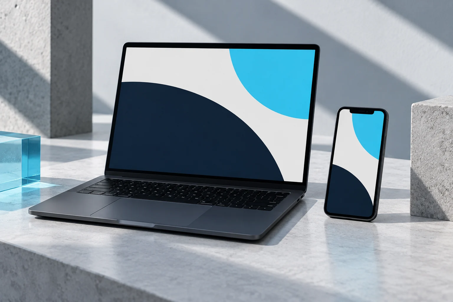Computer e smartphone con una composizione digitale essenziale · visual generato
